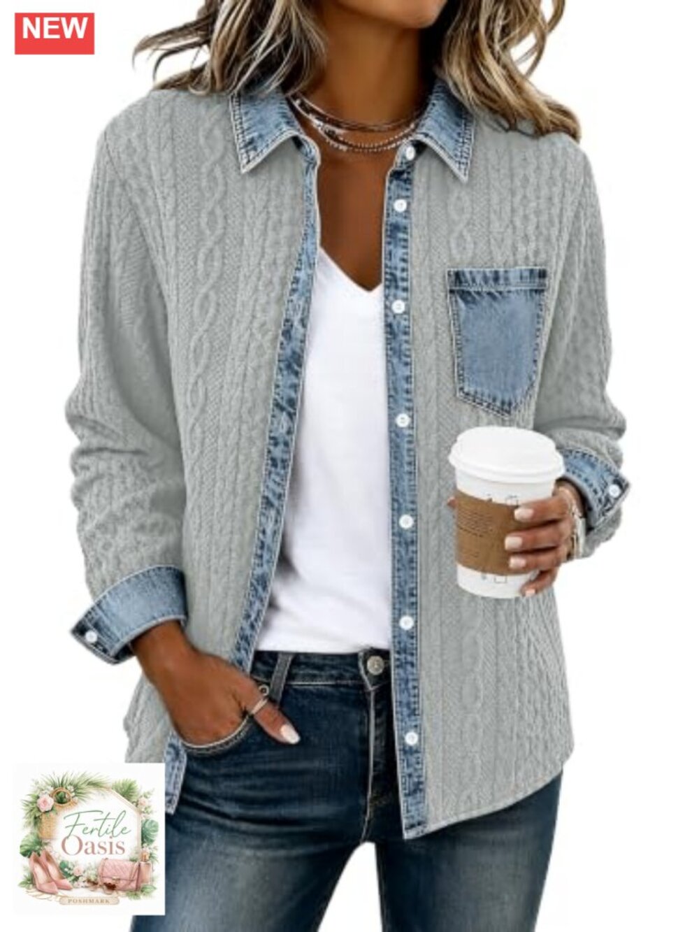 Denim Patchwork Shacket Button Down Long Sleeve Loose Jacket Women